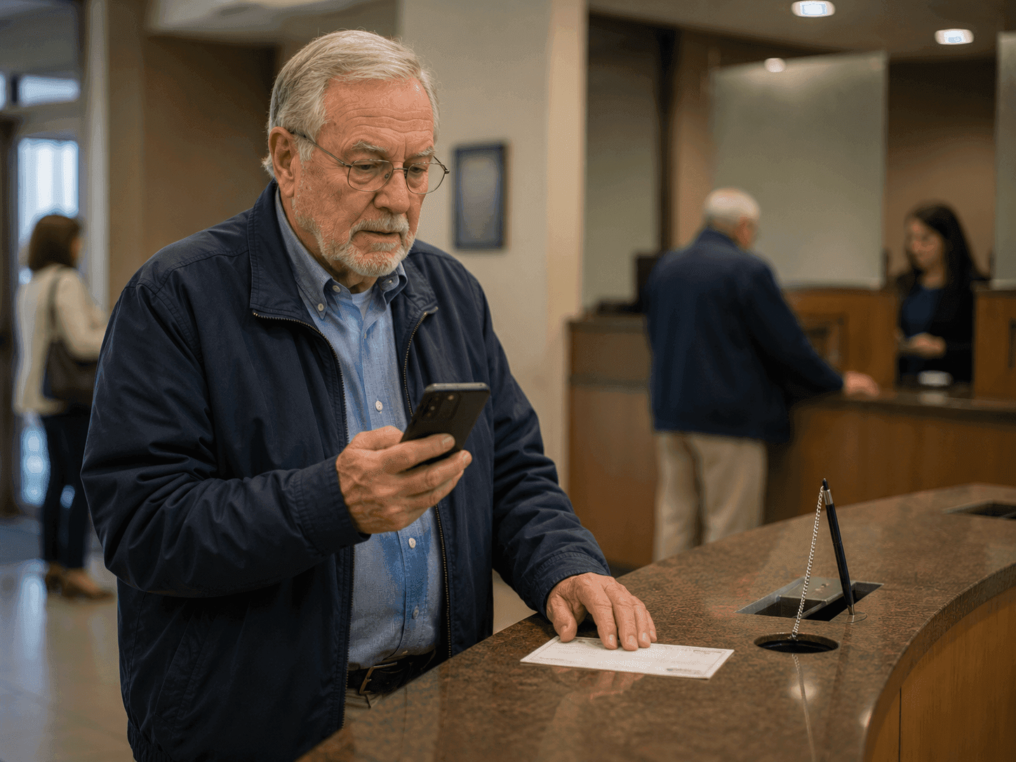 Older man verifying a suspicious call at a bank lobby